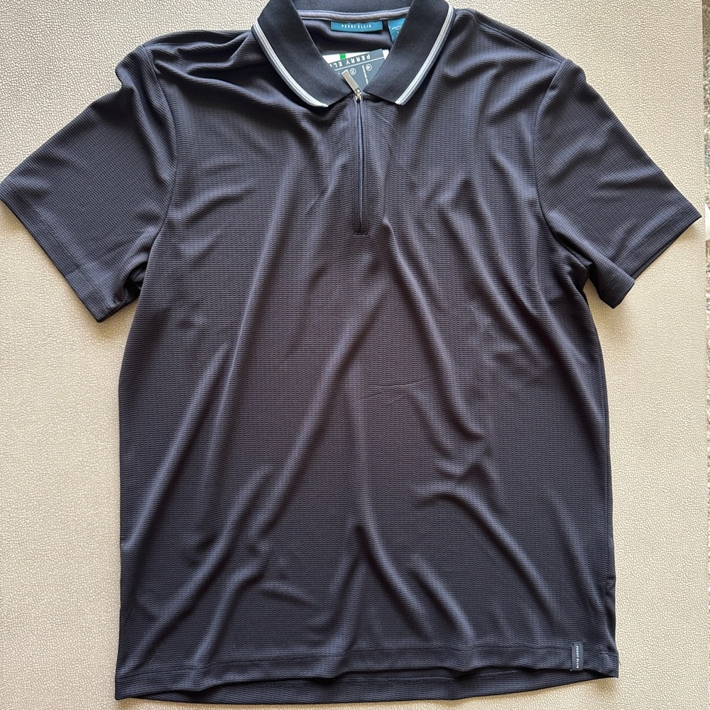 Perry Ellis Black Short-Sleeve Zip Polo with Contrast Trim